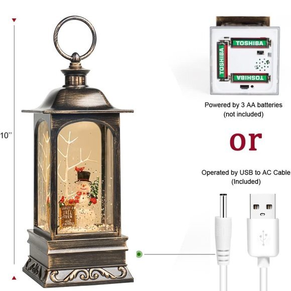 Snow Globes, Snowman Water Lantern, 8 Christmas Music, USB Powered & Battery - Picture 3 of 5